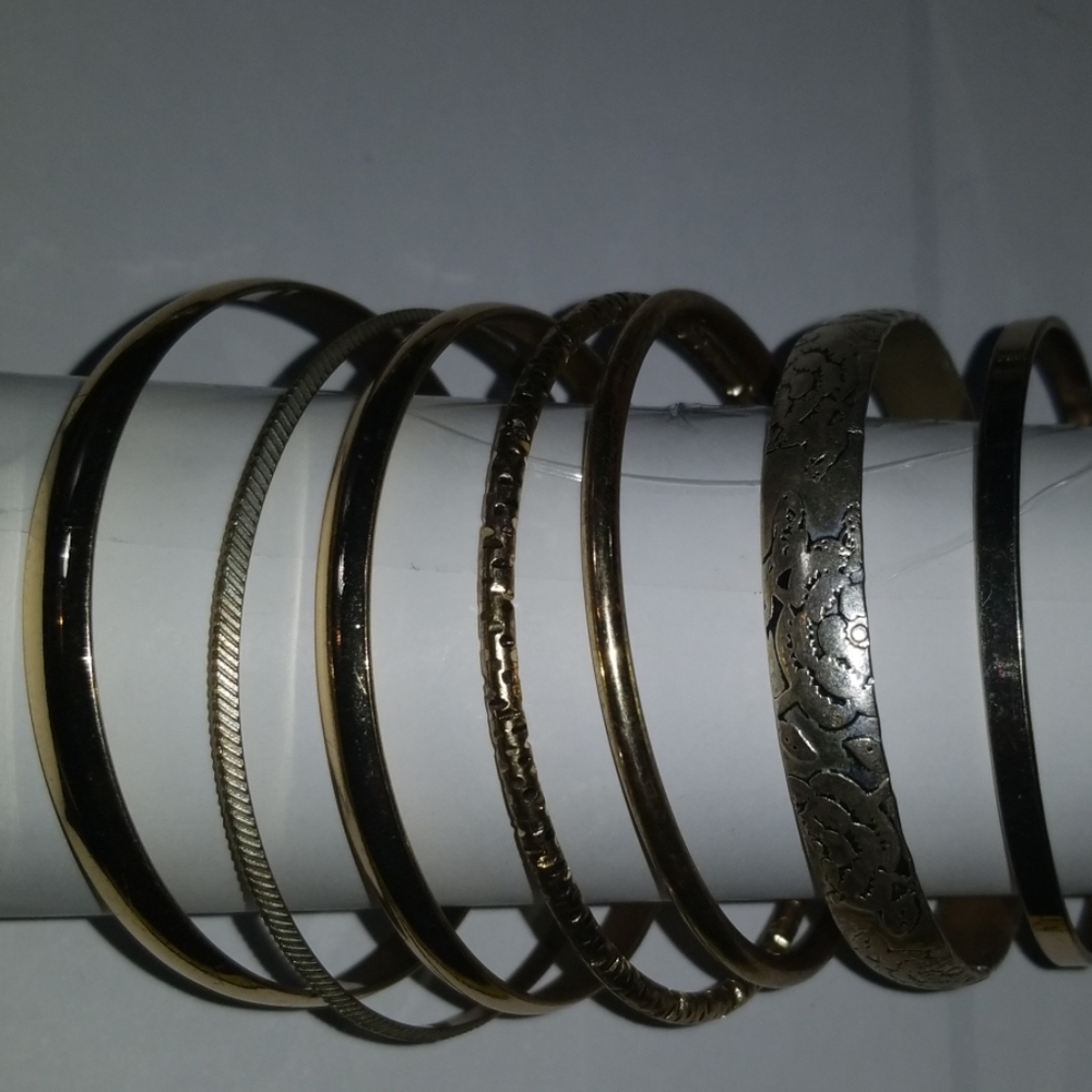 7 Bangle Bracelets Mismatched GOLD TONE Lot Set